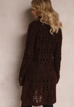Ciemnobrązowy Luźny Kardigan Ażurowy na Guziki Sieneos