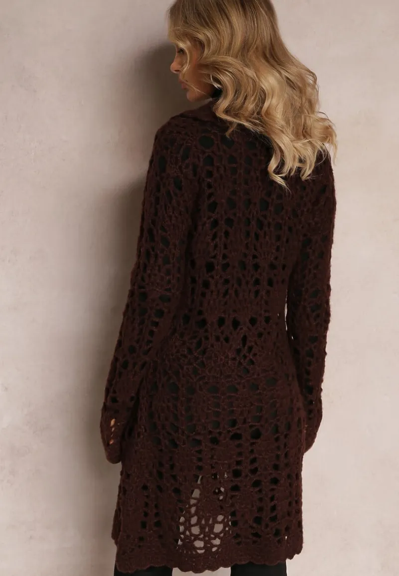 Ciemnobrązowy Luźny Kardigan Ażurowy na Guziki Sieneos