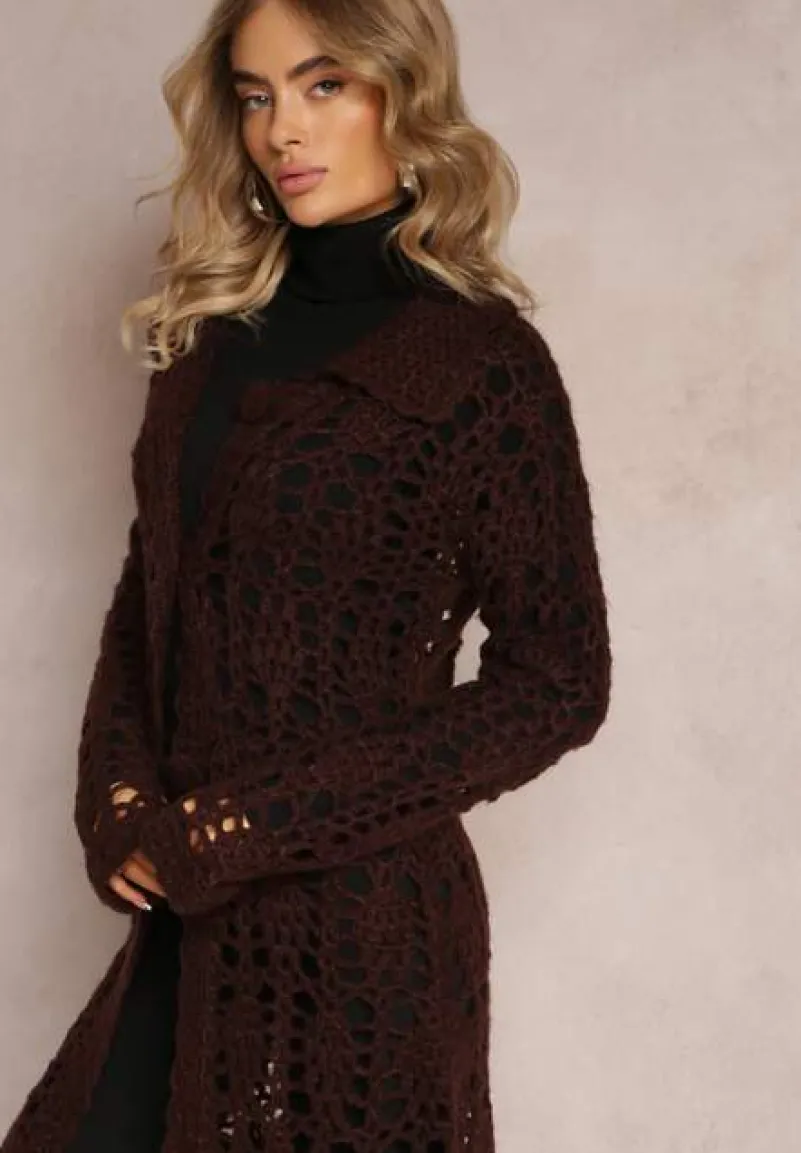 Ciemnobrązowy Luźny Kardigan Ażurowy na Guziki Sieneos