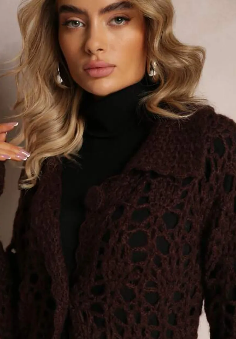 Ciemnobrązowy Luźny Kardigan Ażurowy na Guziki Sieneos