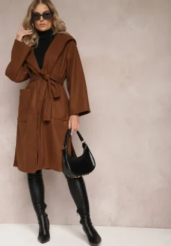 Ciemnobrązowy Płaszcz z Kapturem Wiązany w Pasie Kalni