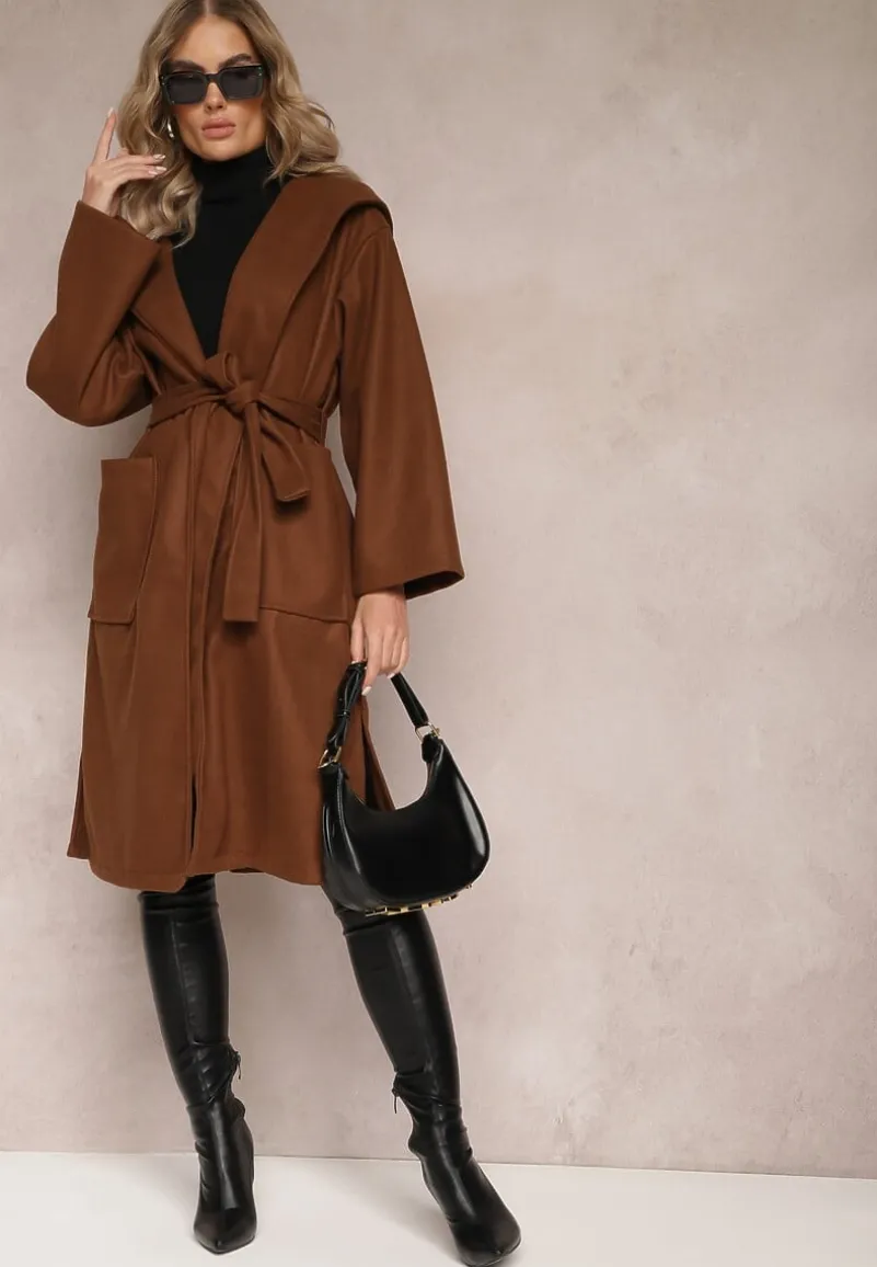 Ciemnobrązowy Płaszcz z Kapturem Wiązany w Pasie Kalni