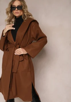 Ciemnobrązowy Płaszcz z Kapturem Wiązany w Pasie Kalni