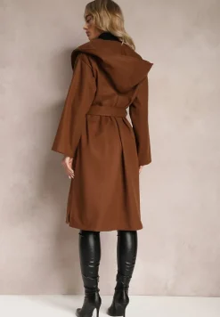 Ciemnobrązowy Płaszcz z Kapturem Wiązany w Pasie Kalni