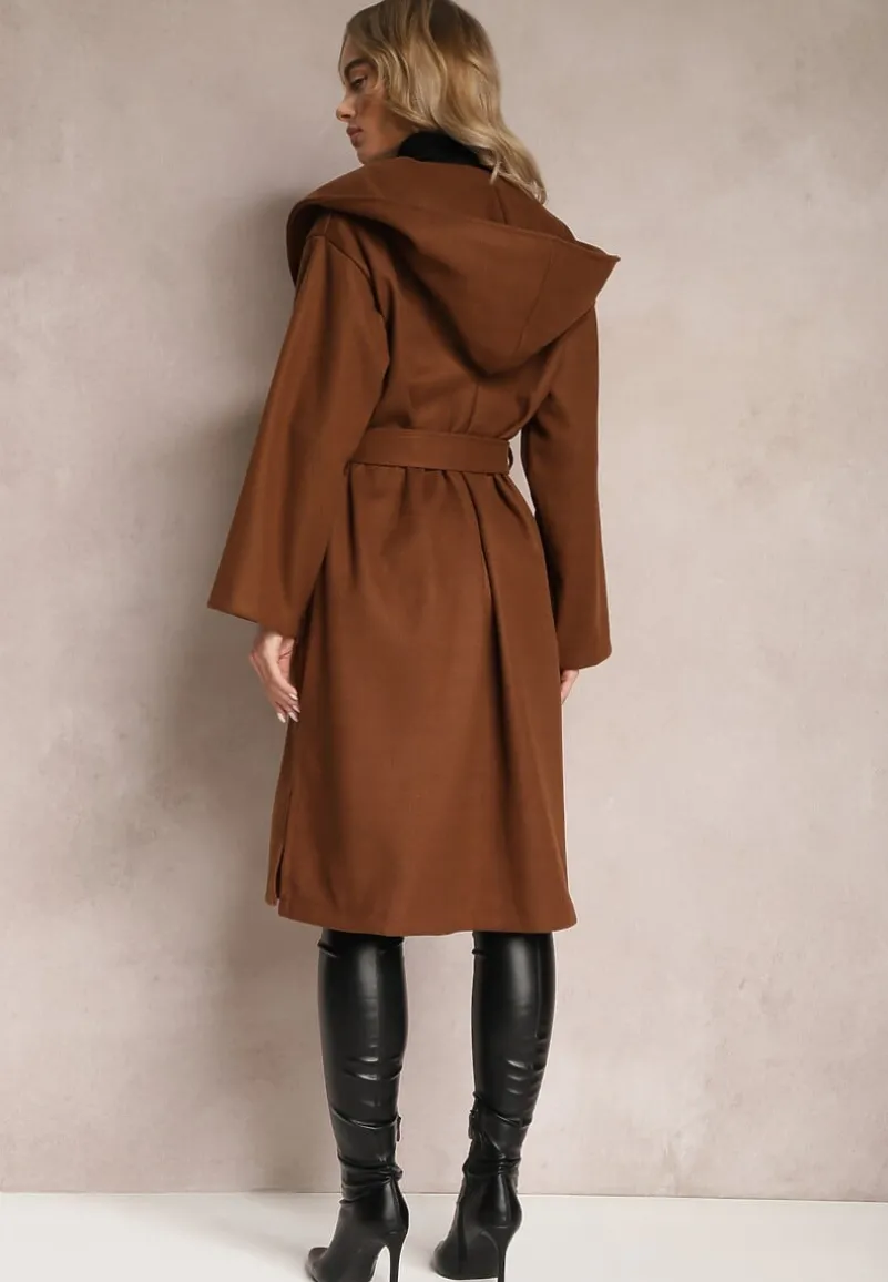 Ciemnobrązowy Płaszcz z Kapturem Wiązany w Pasie Kalni