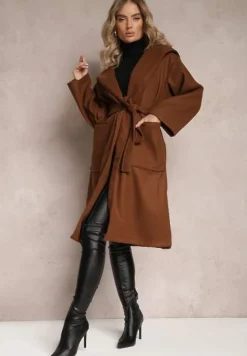 Ciemnobrązowy Płaszcz z Kapturem Wiązany w Pasie Kalni