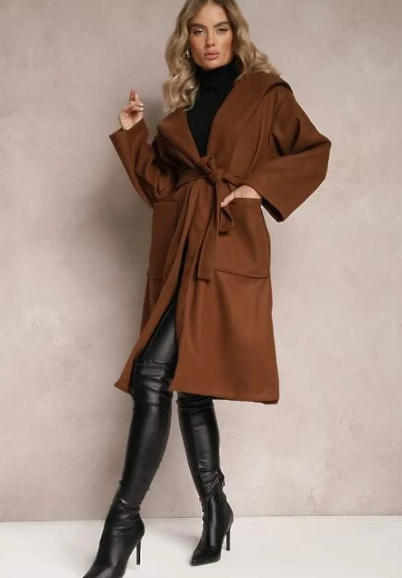 Ciemnobrązowy Płaszcz z Kapturem Wiązany w Pasie Kalni