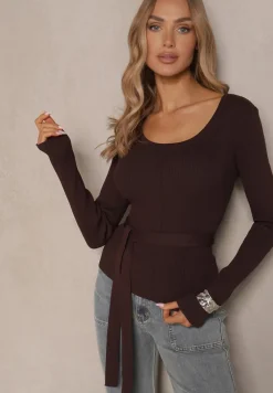 Ciemnobrązowy Wiskozowy Sweter Wiązany w Talii z Asymetrycznym Dekoltem Kornelita