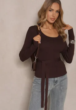 Ciemnobrązowy Wiskozowy Sweter Wiązany w Talii z Asymetrycznym Dekoltem Kornelita
