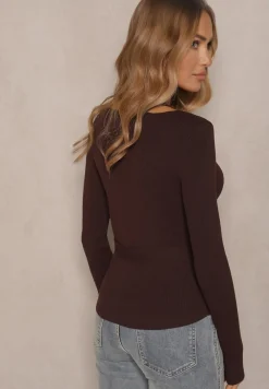 Ciemnobrązowy Wiskozowy Sweter Wiązany w Talii z Asymetrycznym Dekoltem Kornelita
