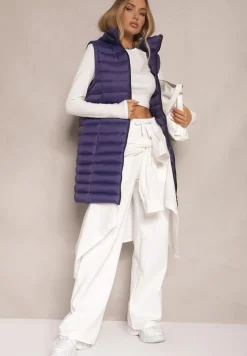 Ciemnofioletowa Długa Kamizelka z Kapturem i Ozdobnym Pikowaniem Vitiena