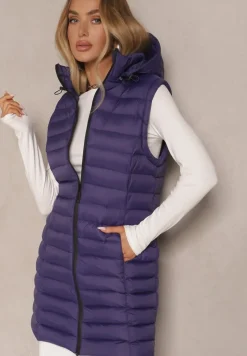 Ciemnofioletowa Długa Kamizelka z Kapturem i Ozdobnym Pikowaniem Vitiena