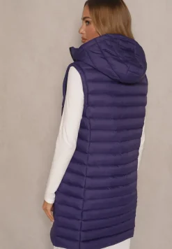 Ciemnofioletowa Długa Kamizelka z Kapturem i Ozdobnym Pikowaniem Vitiena