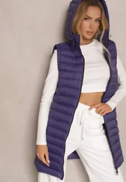 Ciemnofioletowa Długa Kamizelka z Kapturem i Ozdobnym Pikowaniem Vitiena
