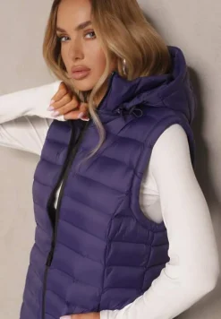 Ciemnofioletowa Długa Kamizelka z Kapturem i Ozdobnym Pikowaniem Vitiena