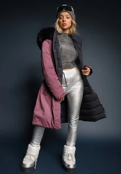 Ciemnofioletowa Długa Kurtka Płaszcz o Dwustronnym Fasonie z Kapturem Astrae