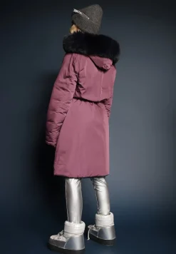 Ciemnofioletowa Długa Kurtka Płaszcz o Dwustronnym Fasonie z Kapturem Astrae