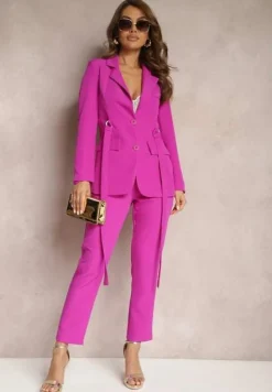 Ciemnofioletowa Marynarka o Jednorzędowym Fasonie z Dwoma Ozdobnymi Paskami Anellana