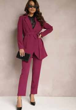 Ciemnofioletowa Sukienkowa Marynarka Wiązana Paskiem w Talii Ardthana