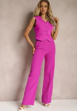 Ciemnofioletowe Garniturowe Spodnie High Waist z Kieszeniami Blathe