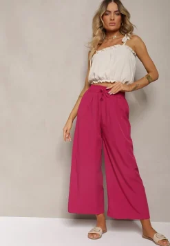 Ciemnofioletowe Spodnie High Waist z Szerokimi Nogawkami z Wiskozą Wykończone Gumką w Talii Crisantas