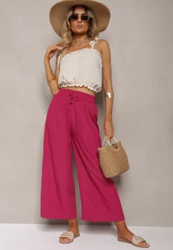 Ciemnofioletowe Spodnie High Waist z Szerokimi Nogawkami z Wiskozą Wykończone Gumką w Talii Crisantas