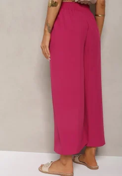 Ciemnofioletowe Spodnie High Waist z Szerokimi Nogawkami z Wiskozą Wykończone Gumką w Talii Crisantas