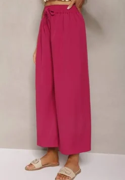 Ciemnofioletowe Spodnie High Waist z Szerokimi Nogawkami z Wiskozą Wykończone Gumką w Talii Crisantas