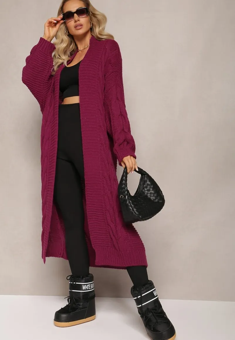 Ciemnofioletowy Długi Kardigan z Ozdobnym Szerokim Splotem Havsana