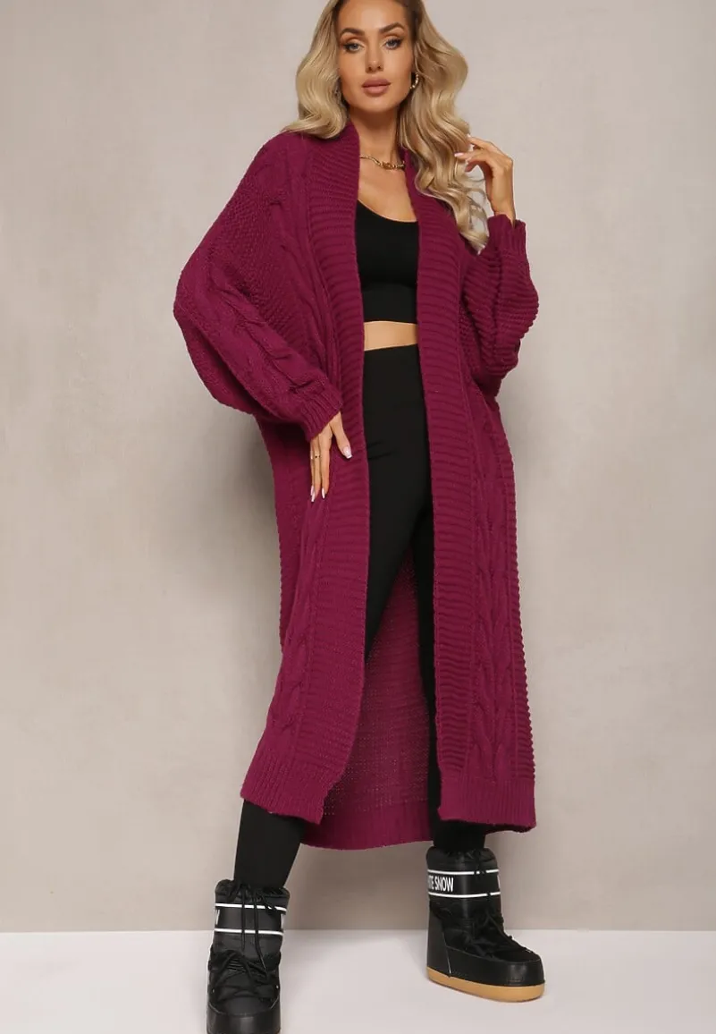 Ciemnofioletowy Długi Kardigan z Ozdobnym Szerokim Splotem Havsana