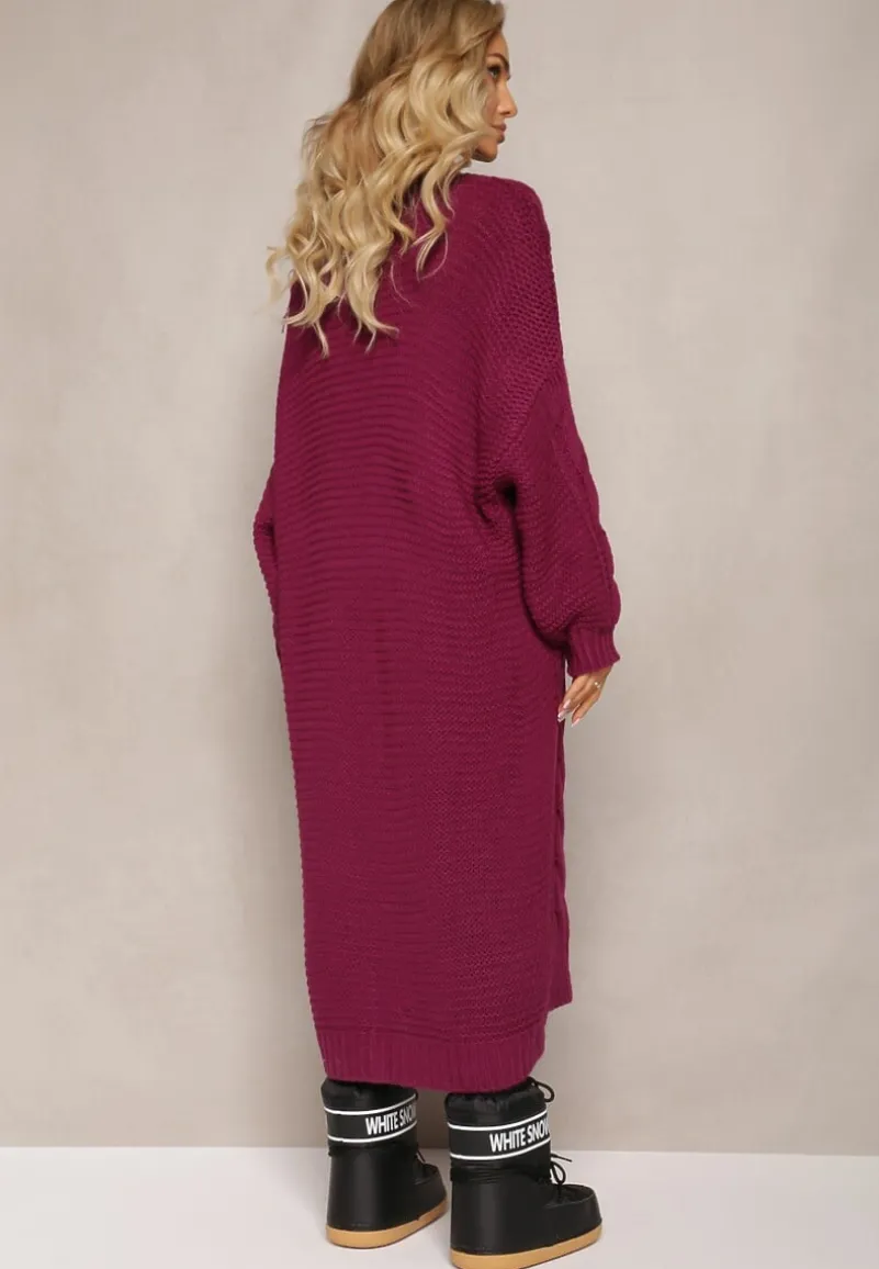 Ciemnofioletowy Długi Kardigan z Ozdobnym Szerokim Splotem Havsana