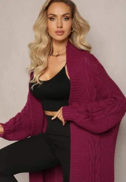 Ciemnofioletowy Długi Kardigan z Ozdobnym Szerokim Splotem Havsana