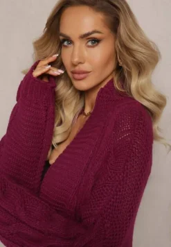 Ciemnofioletowy Długi Kardigan z Ozdobnym Szerokim Splotem Havsana