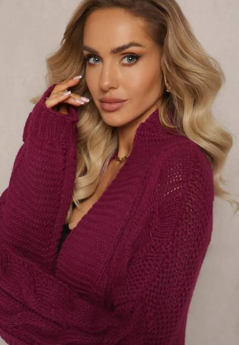 Ciemnofioletowy Długi Kardigan z Ozdobnym Szerokim Splotem Havsana