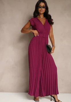 Ciemnofioletowy Kopertowy Kombinezon Wide Leg Zdobiony Plisami i Paskiem z Klamrą Salirella