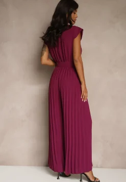 Ciemnofioletowy Kopertowy Kombinezon Wide Leg Zdobiony Plisami i Paskiem z Klamrą Salirella