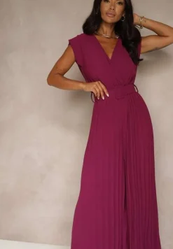 Ciemnofioletowy Kopertowy Kombinezon Wide Leg Zdobiony Plisami i Paskiem z Klamrą Salirella