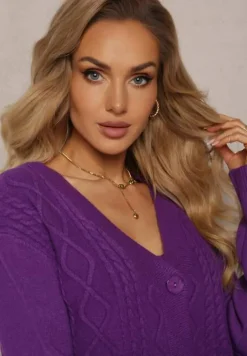 Ciemnofioletowy Prążkowany Komplet Dzianinowy z Sukienką i Kardiganem Nalindrie