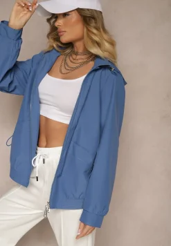 Ciemnoniebieska Pudełkowa Kurtka o Kroju Parki ze Ściągaczem i Kapturem Sesailis