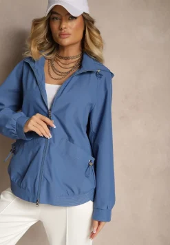 Ciemnoniebieska Pudełkowa Kurtka o Kroju Parki ze Ściągaczem i Kapturem Sesailis