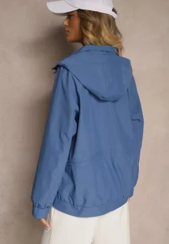 Ciemnoniebieska Pudełkowa Kurtka o Kroju Parki ze Ściągaczem i Kapturem Sesailis