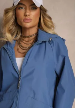 Ciemnoniebieska Pudełkowa Kurtka o Kroju Parki ze Ściągaczem i Kapturem Sesailis