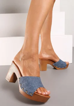 Ciemnoniebieskie Klapki na Słupku z Szerokim Paskiem z Nitami Leophelia