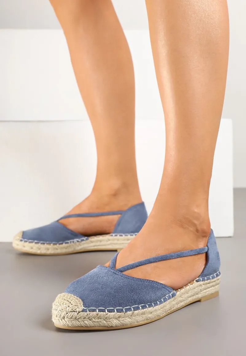 Ciemnoniebieskie Płaskie Espadryle z Wyciętymi Bokami Ozdobione Plecionką Annorila