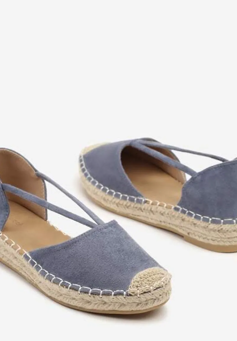 Ciemnoniebieskie Płaskie Espadryle z Wyciętymi Bokami Ozdobione Plecionką Annorila