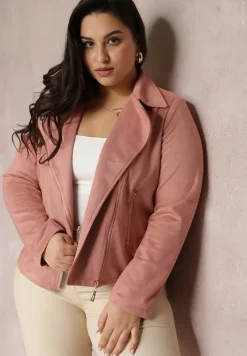 Ciemnoróżowa Asymetryczna Kurtka Ramoneska z Imitacji Zamszu Kmiya