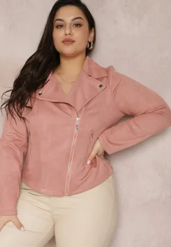 Ciemnoróżowa Asymetryczna Kurtka Ramoneska z Imitacji Zamszu Kmiya