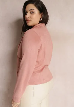 Ciemnoróżowa Asymetryczna Kurtka Ramoneska z Imitacji Zamszu Kmiya