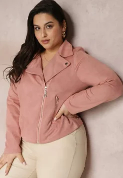 Ciemnoróżowa Asymetryczna Kurtka Ramoneska z Imitacji Zamszu Kmiya