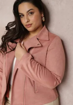 Ciemnoróżowa Asymetryczna Kurtka Ramoneska z Imitacji Zamszu Kmiya